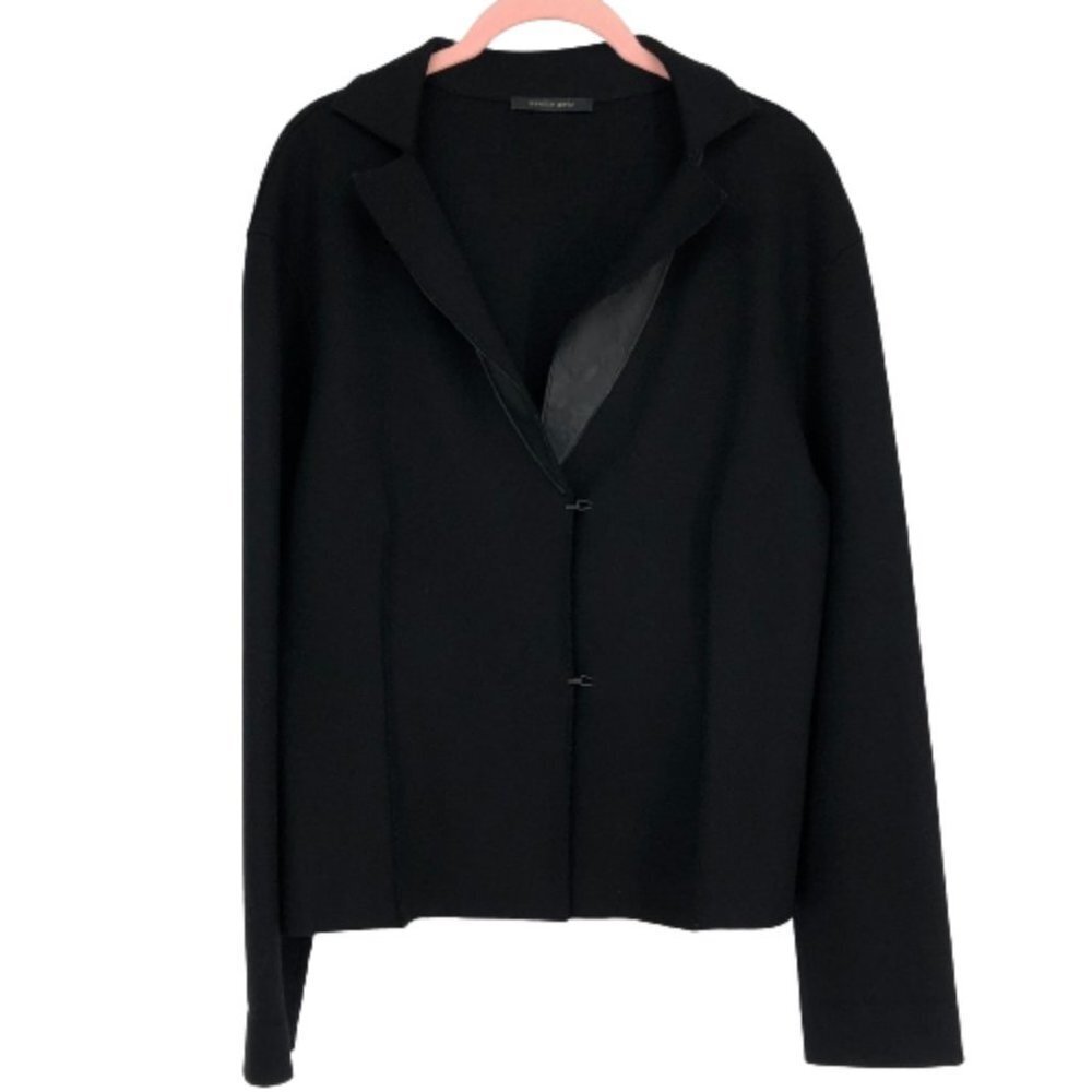 Annette Gortz Black Long Sleeve 100% Wool Blazer w/Hook Buttons & Leather Trim L
